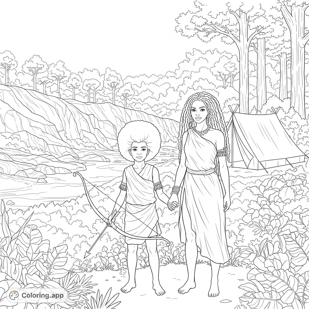 A boy with an Afro and a woman with kinky hair stand in the wilderness, a tent and trees in the background. A scene of connection and adventure.