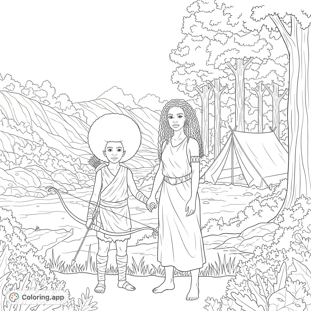 A boy with an Afro and a woman with kinky hair stand in the wilderness, a tent and trees in the background. A scene of connection and adventure.
