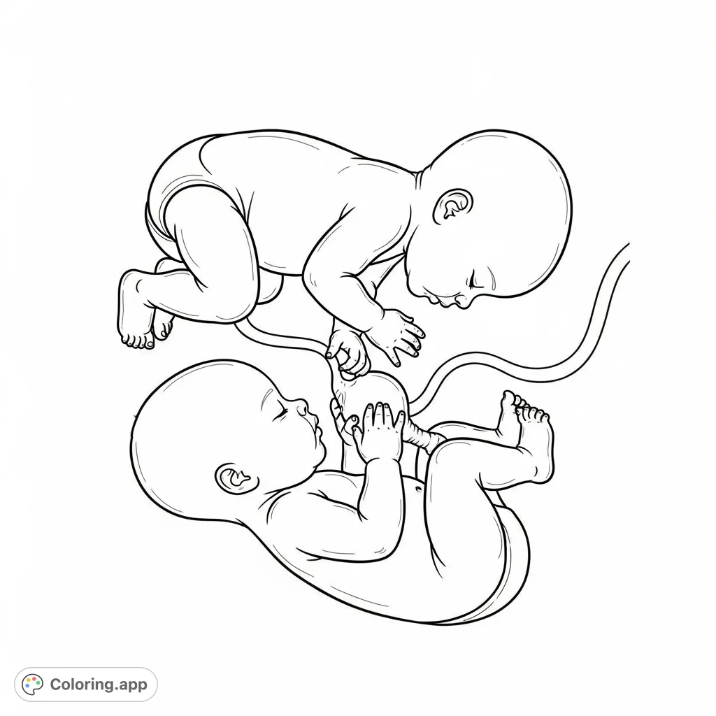 A tender scene of two babies in a womb, with one gently holding the other's heel. A unique and heartwarming image for expectant parents and new families.