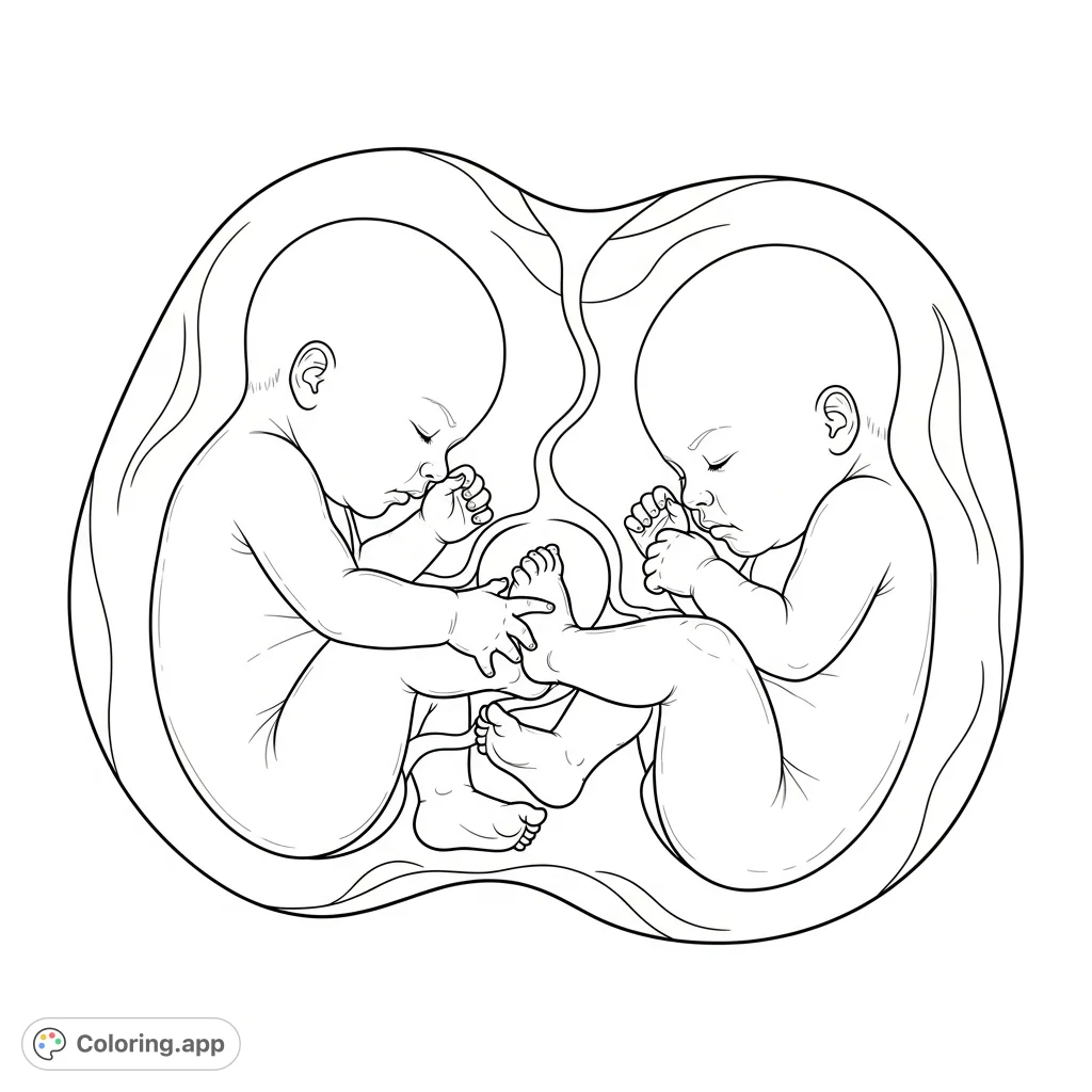 Explore a unique fetal development coloring page featuring twin babies in a womb, one grasping the other's heel, depicting a primal, intense interaction.