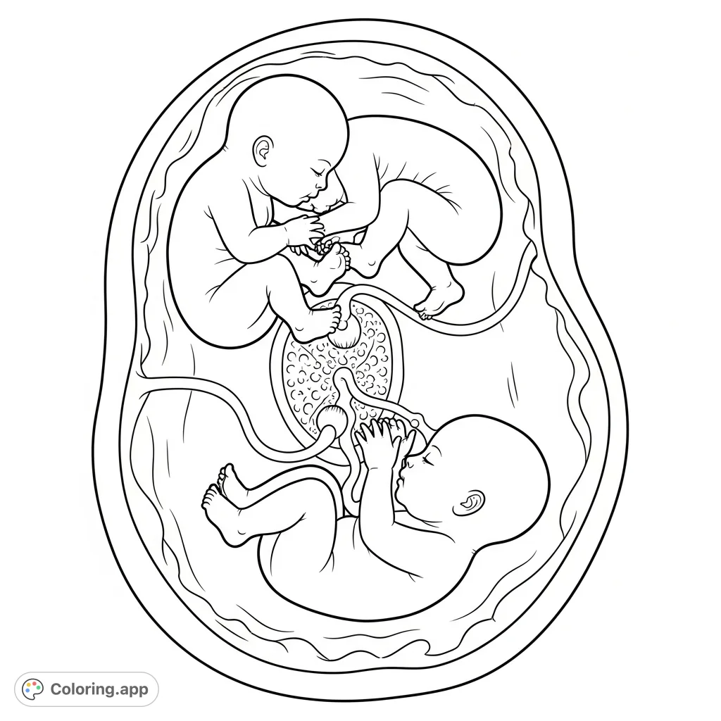 Explore the intimate world of a womb with two developing twins, one gently grasping the other's foot. A unique and tender scene of early life.