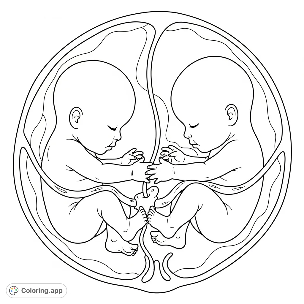 Explore the tender, dynamic interaction of twin fetal figures within the womb, one playfully grasping the other's heel. A unique celebration of new life.