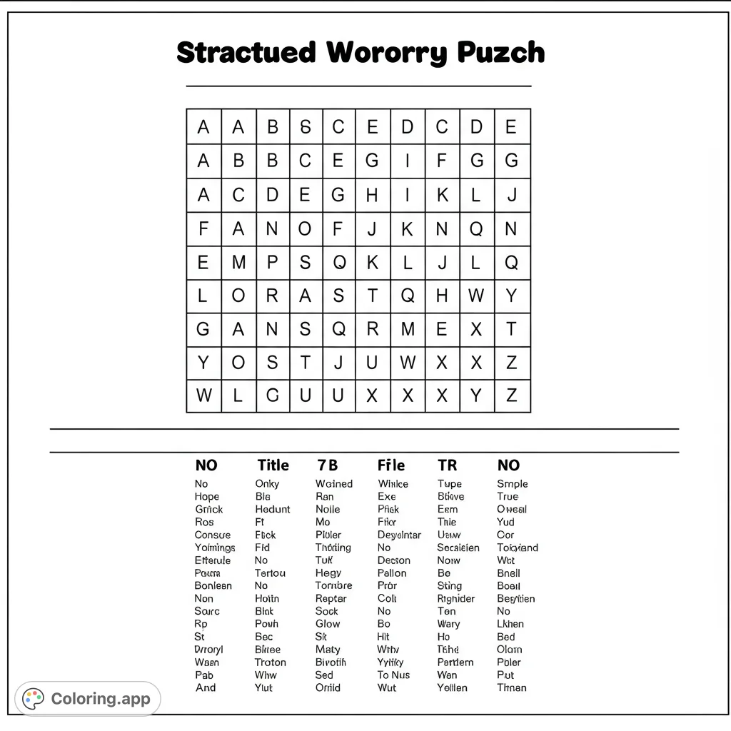 Engage your mind with this detailed word search puzzle coloring page! Featuring a large letter grid and word lists, it's a fun, free printable activity.