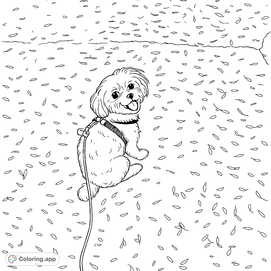 A delightful fluffy dog sits happily on a textured ground covered with scattered shapes, ready for a fun coloring adventure. Perfect for dog lovers!