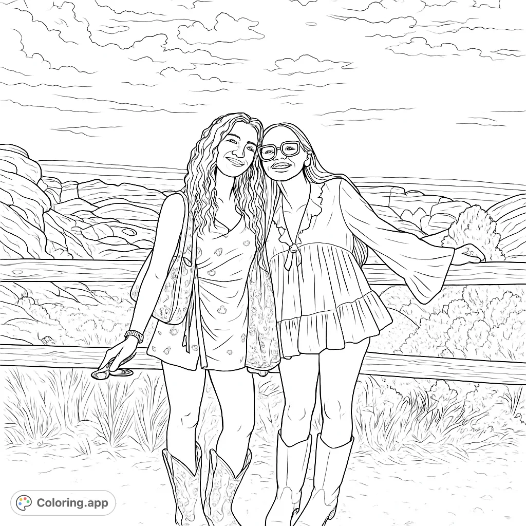 Two friends in stylish dresses and cowboy boots pose against a scenic desert backdrop. A fun, trendy coloring page for fashion and adventure lovers.