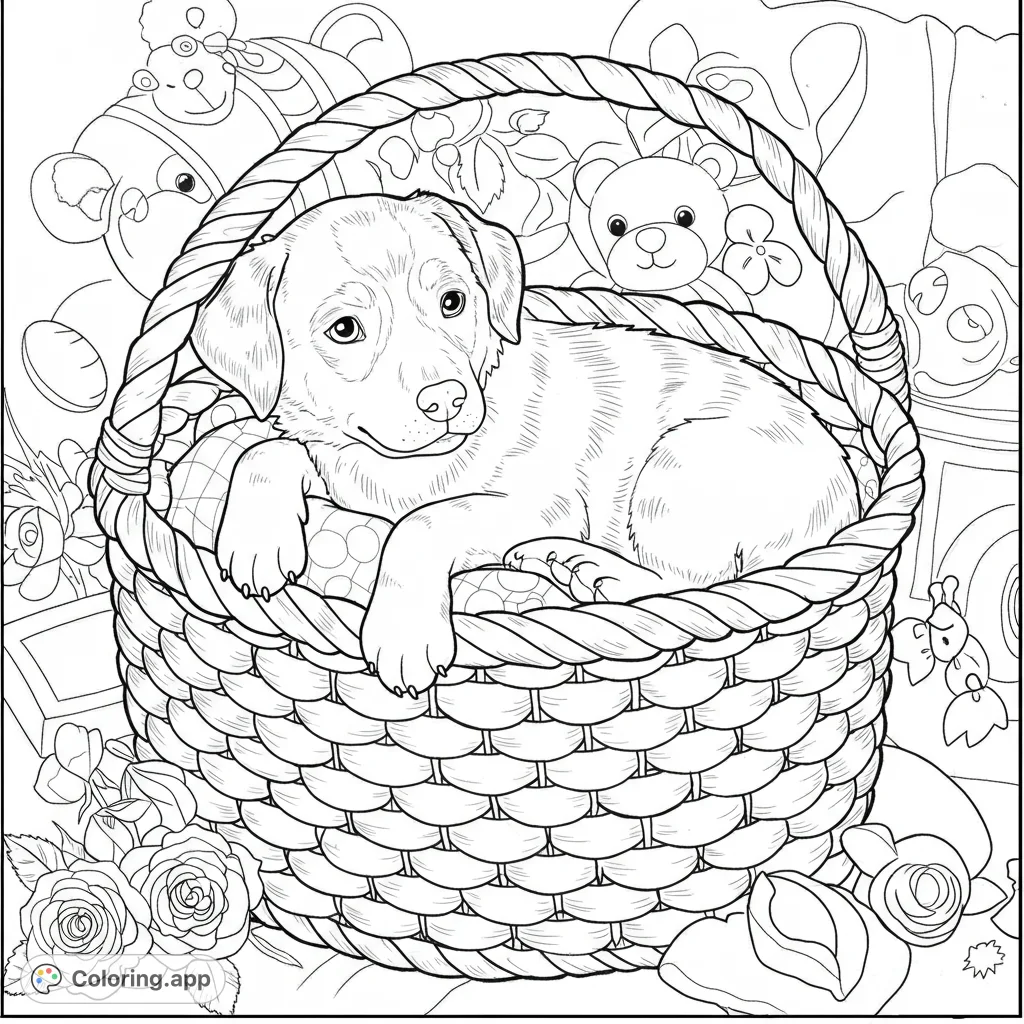 A highly detailed coloring page featuring a young puppy curled comfortably in a woven basket, surrounded by various soft toys and objects.