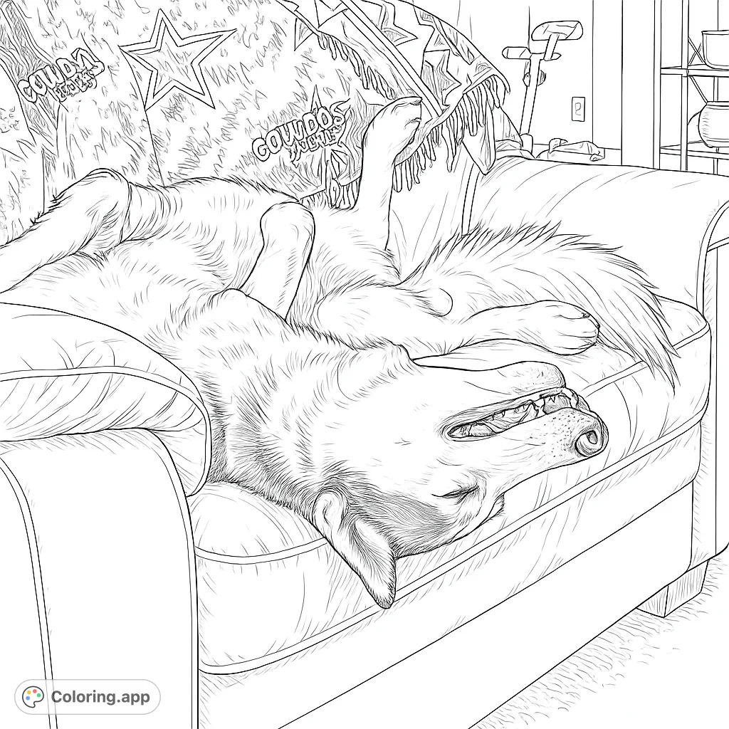 Capture the charm of a relaxed dog napping upside down on a cozy couch. This detailed coloring page features a fluffy canine and patterned blanket.