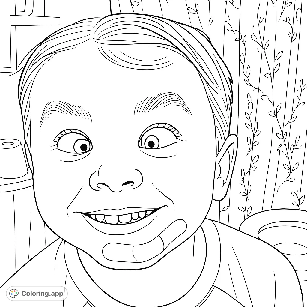 Capture a moment of pure fun with this silly cross-eyed child coloring page. Features a wide smile and a playful expression, perfect for kids.