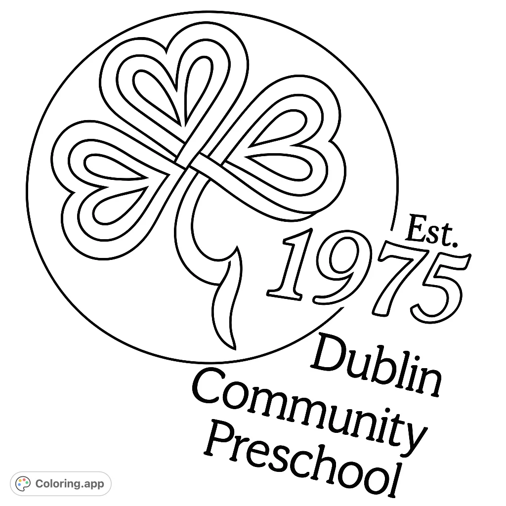 A charming Celtic clover emblem with intricate knotwork, featuring "1975" and "Dublin Community Preschool" text. Perfect for a unique coloring experience.