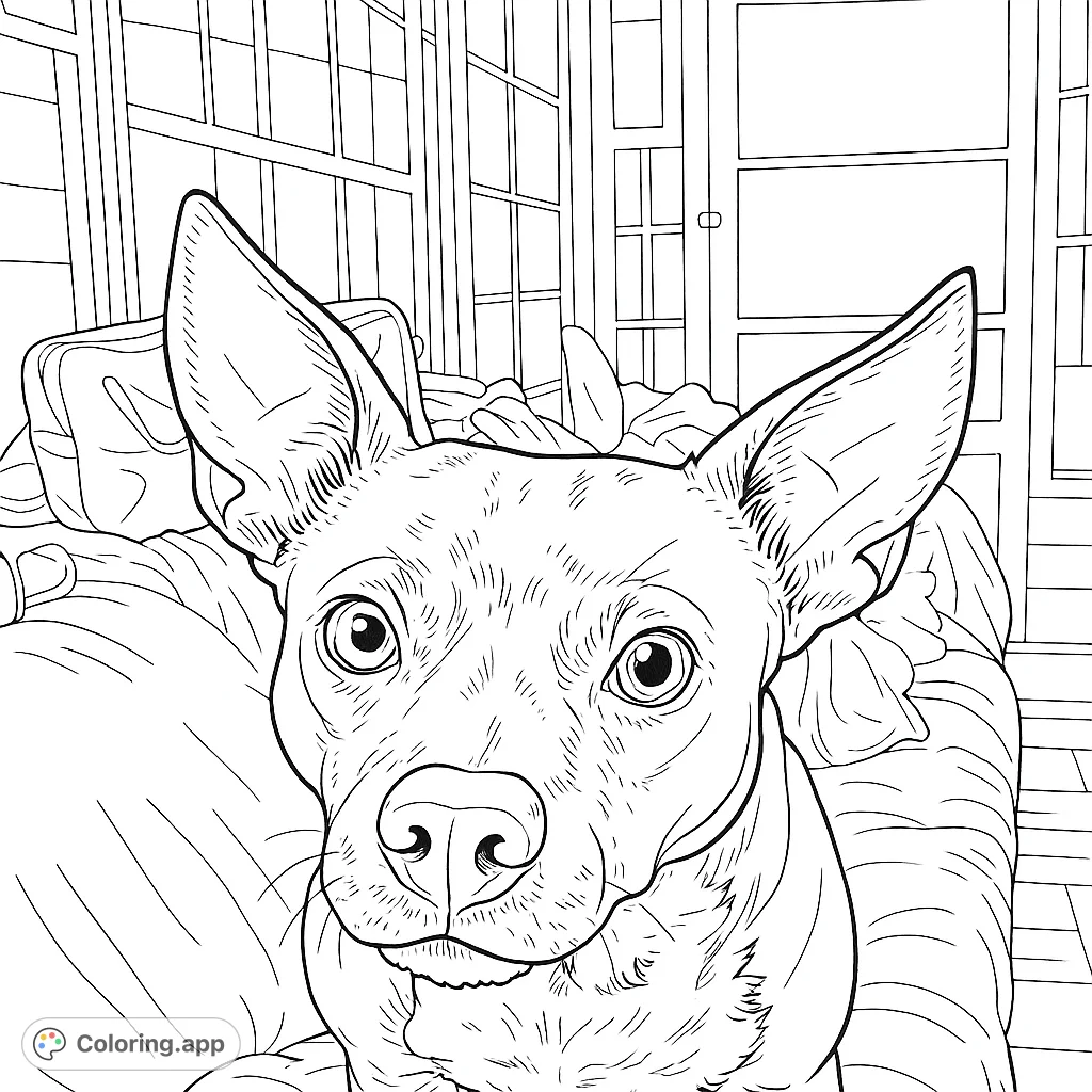 An adorable dog with expressive eyes and upright ears, standing on a cozy bed. Perfect for a charming children's storybook illustration coloring page.