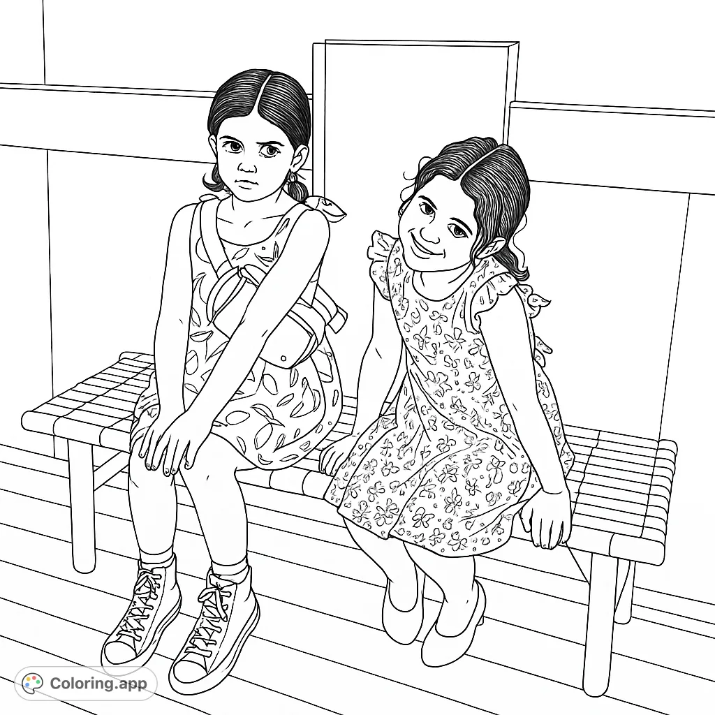 Two cheerful girls sit on a bamboo bench, ready for a fun coloring adventure. Perfect for young artists to explore patterns and expressions.