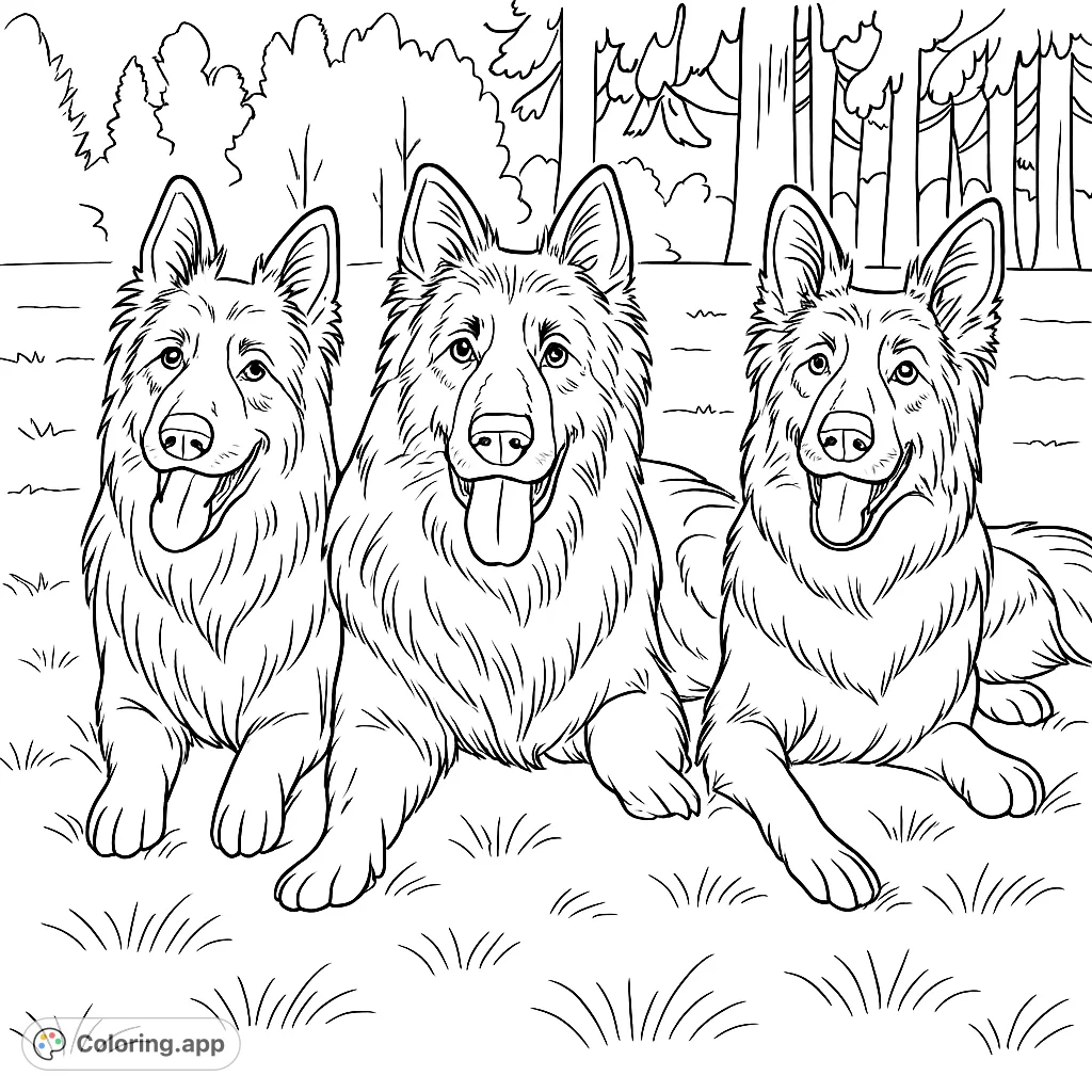 Color three magnificent German Shepherds with detailed fur, resting on a grassy field. Perfect for dog lovers and detailed coloring.