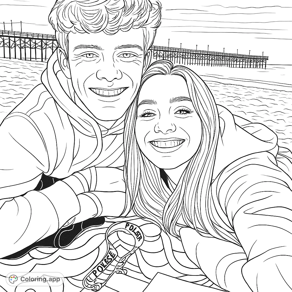 A happy young couple enjoys a relaxing day on the beach, with a scenic pier and ocean backdrop. Perfect for a peaceful coloring escape.