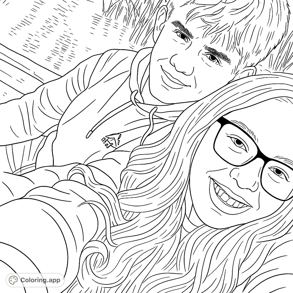 A heartwarming scene of two friends by the water, perfect for a relaxing coloring experience. Capture their smiles and the serene outdoor setting.