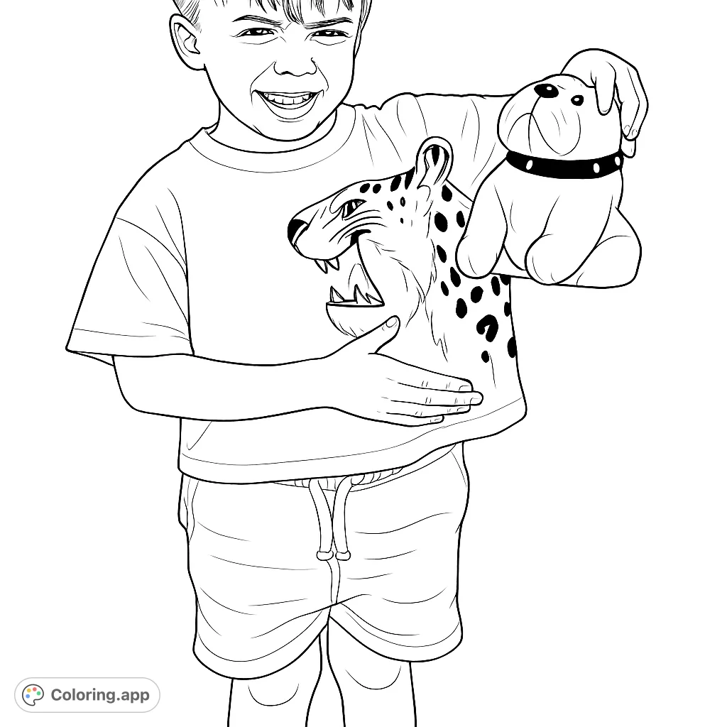 A cheerful boy holds his favorite bulldog toy, ready for a fun coloring adventure. Features a cool tiger shirt and playful details.