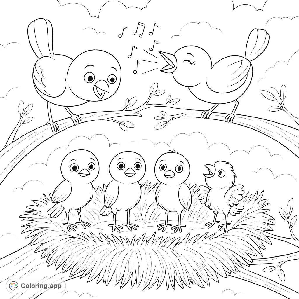 A heartwarming bird family serenade featuring two adult birds on branches and four adorable nestlings in their cozy nest. Perfect for nature lovers.