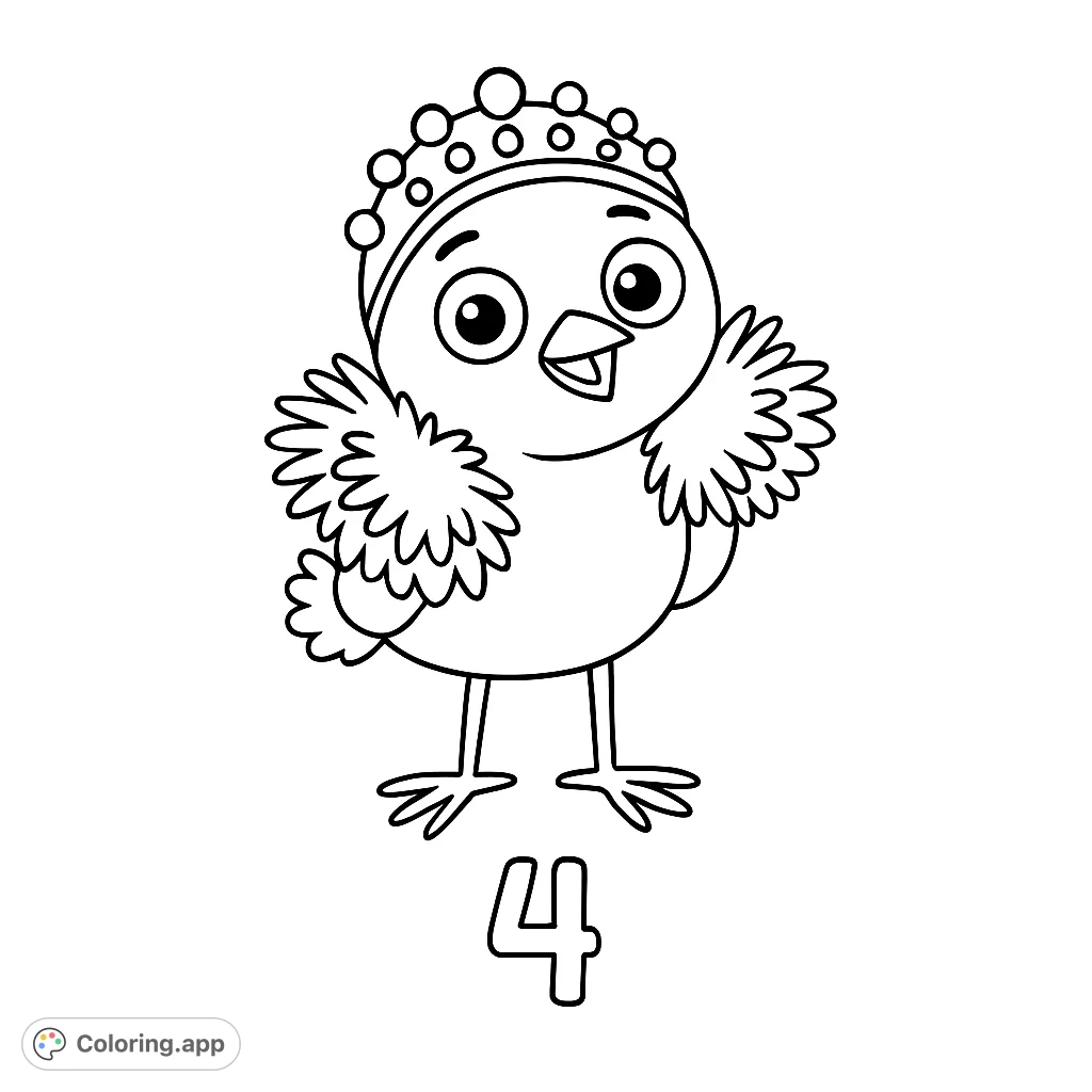 A delightful bird wearing a whimsical crown and fluffy collar, standing beside the number four. Perfect for young artists to explore creativity.