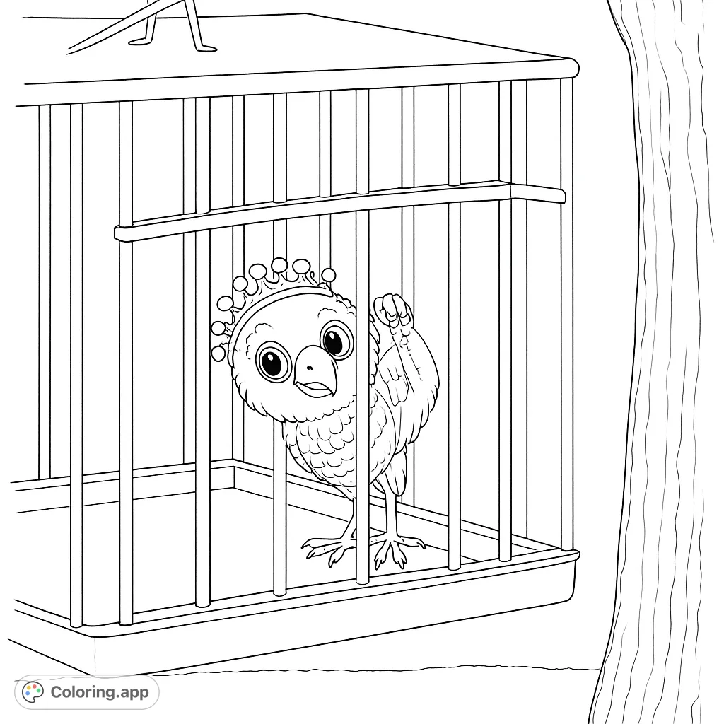 A charming coloring page featuring a small, crowned bird inside a hanging birdcage, set against a natural outdoor background. Perfect for all ages.
