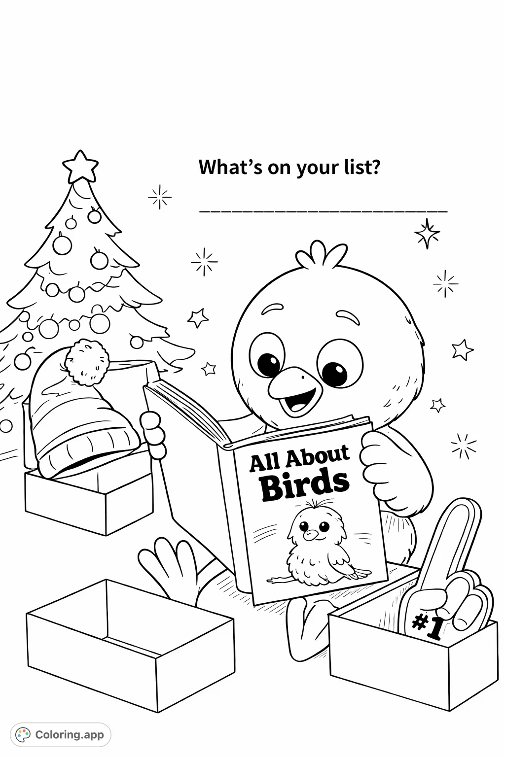 A delightful Christmas scene featuring a cute bird reading a book amidst wrapped presents and a decorated tree. A perfect festive bird coloring page.