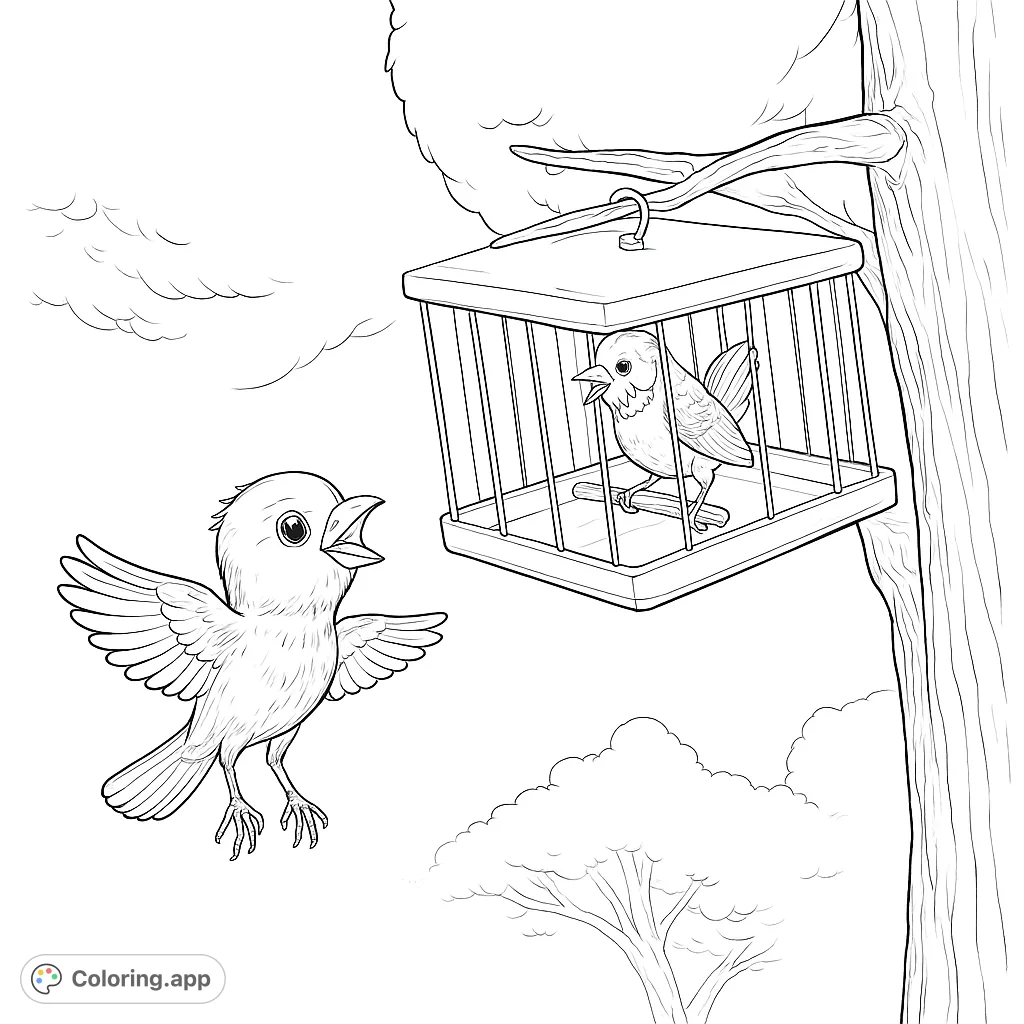 A charming bird coloring page featuring two adorable birds, one flying free and another in a cage, set against a vast sky and a tree. Perfect for all ages.
