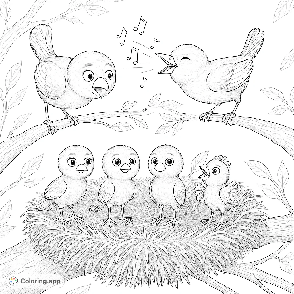 A heartwarming bird family scene with singing parents and their adorable chicks in a cozy nest. Perfect for nature lovers and aspiring artists.
