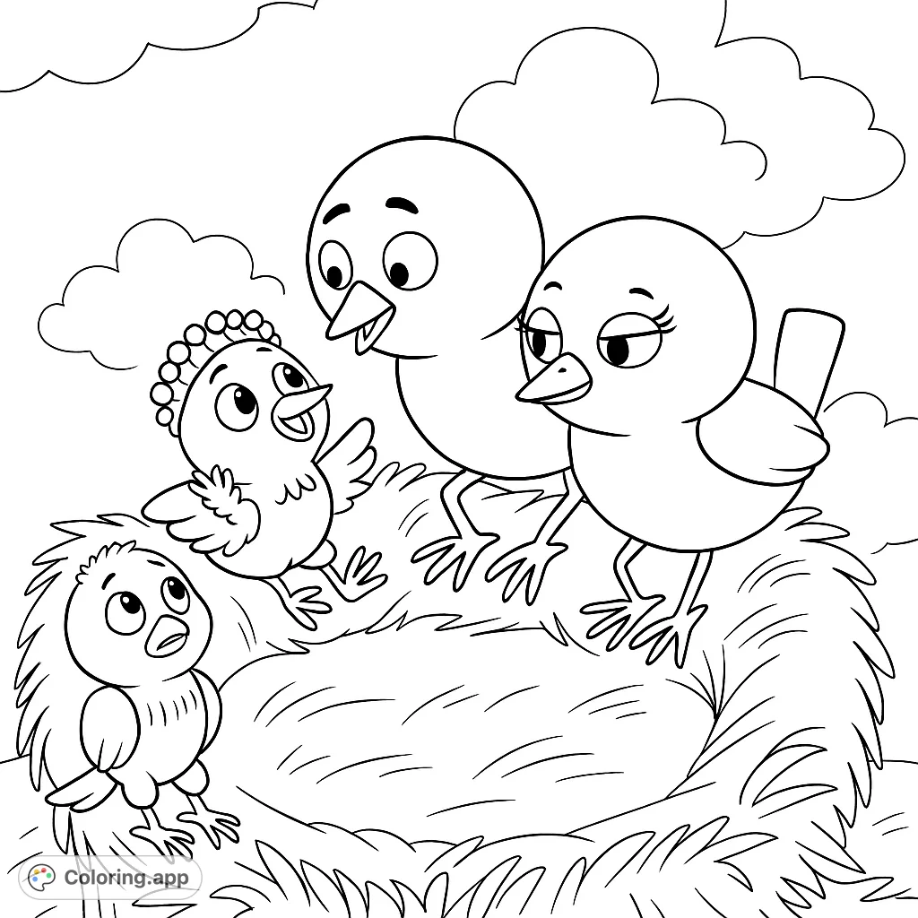An adorable bird family in a cozy nest, perfect for young colorists to bring to life with imagination and bright hues.