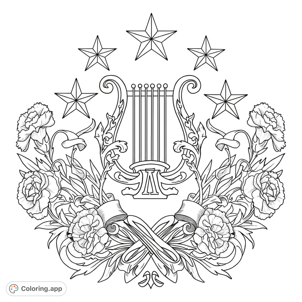 Celebrate sisterhood with this Alpha Chi Omega coloring page featuring the iconic lyre, stars, and delicate carnations. Perfect for sorority sisters!