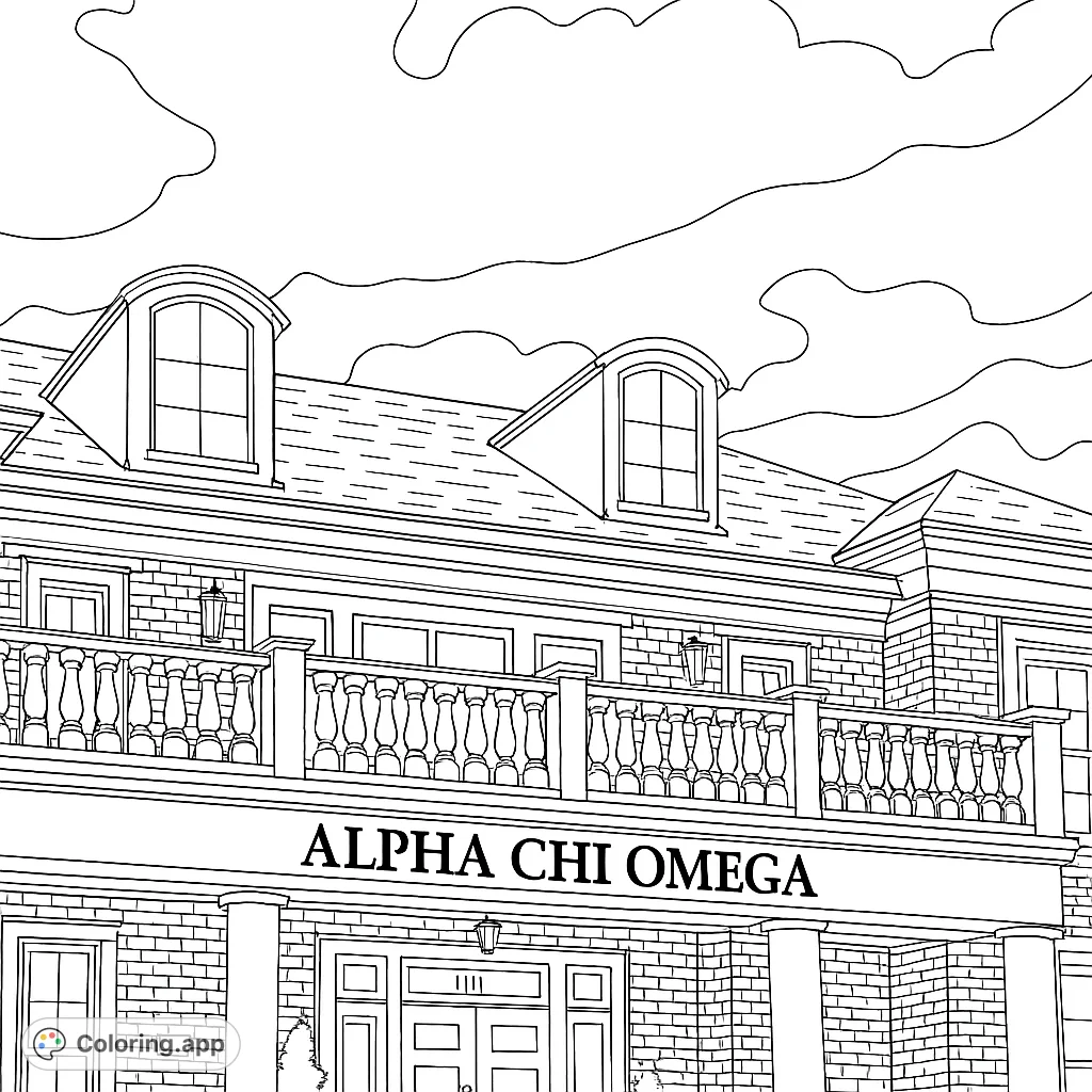 Color a grand collegiate building with a detailed balcony, dormer windows, and a textured brick facade under a vast, cloud-filled sky.