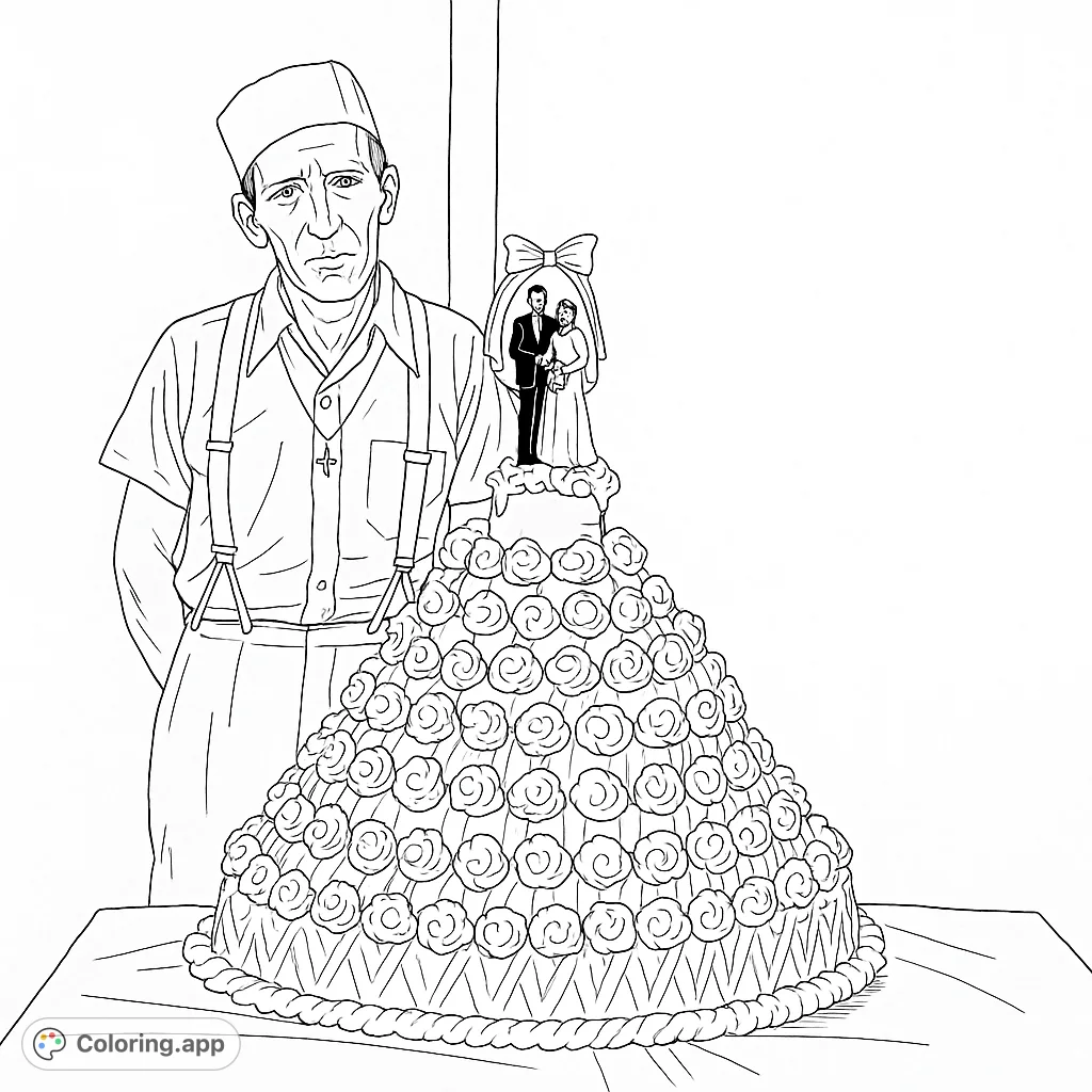 A vintage-inspired baker proudly stands beside an enormous, intricately decorated tiered cake. A delightful scene for those who love baking and grand celebrations.