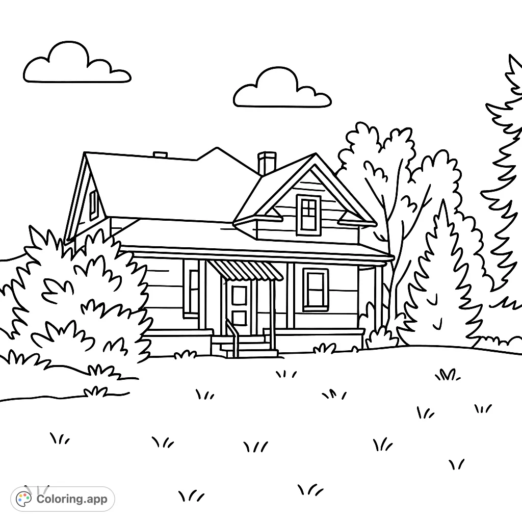 A charming two-story house with a welcoming porch, surrounded by a spacious lawn and lush trees, perfect for a relaxing coloring experience.
