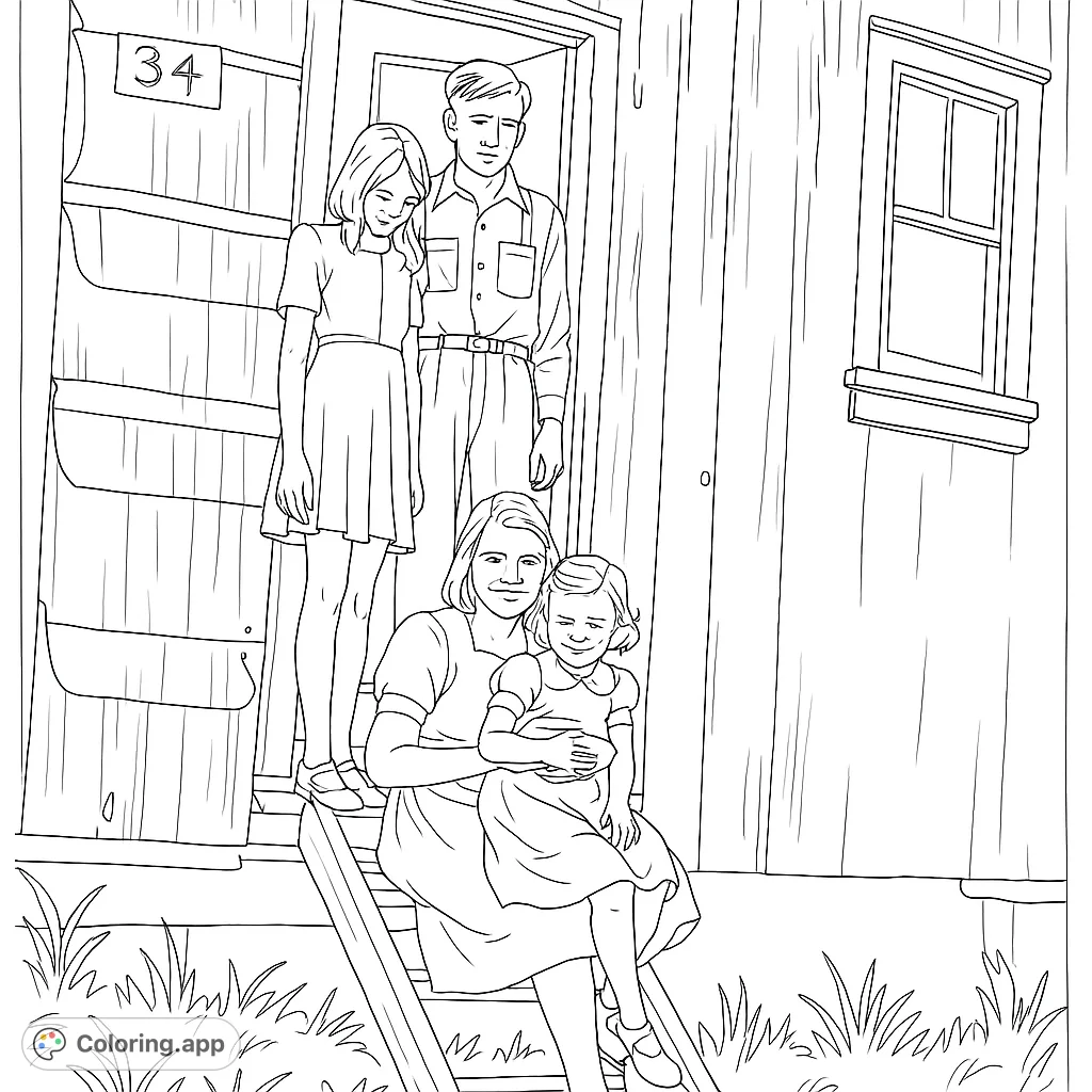 A heartwarming family portrait outside a rustic home, featuring two adults and two children on wooden steps. Perfect for a nostalgic coloring experience.