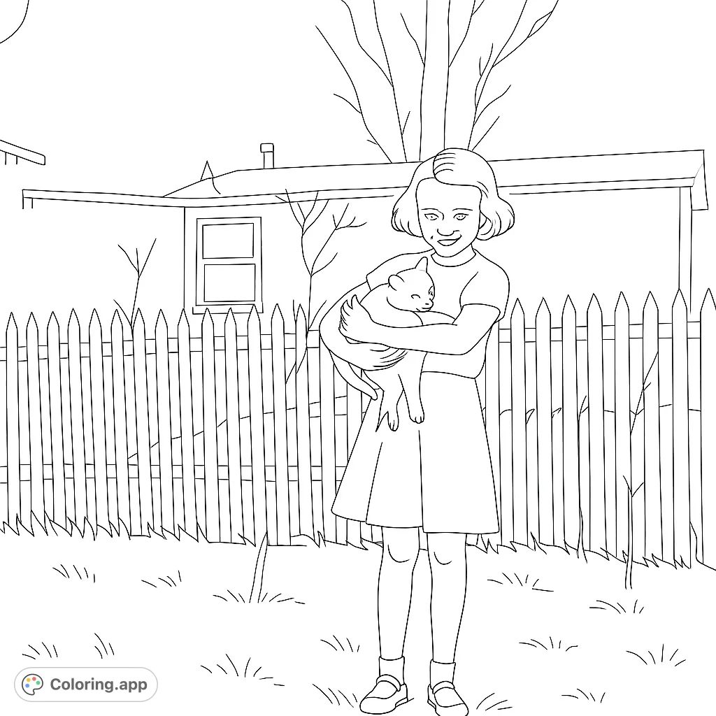 A charming scene featuring a young girl gently holding a small farm animal in a backyard setting with a picket fence. Perfect for a delightful coloring experience.