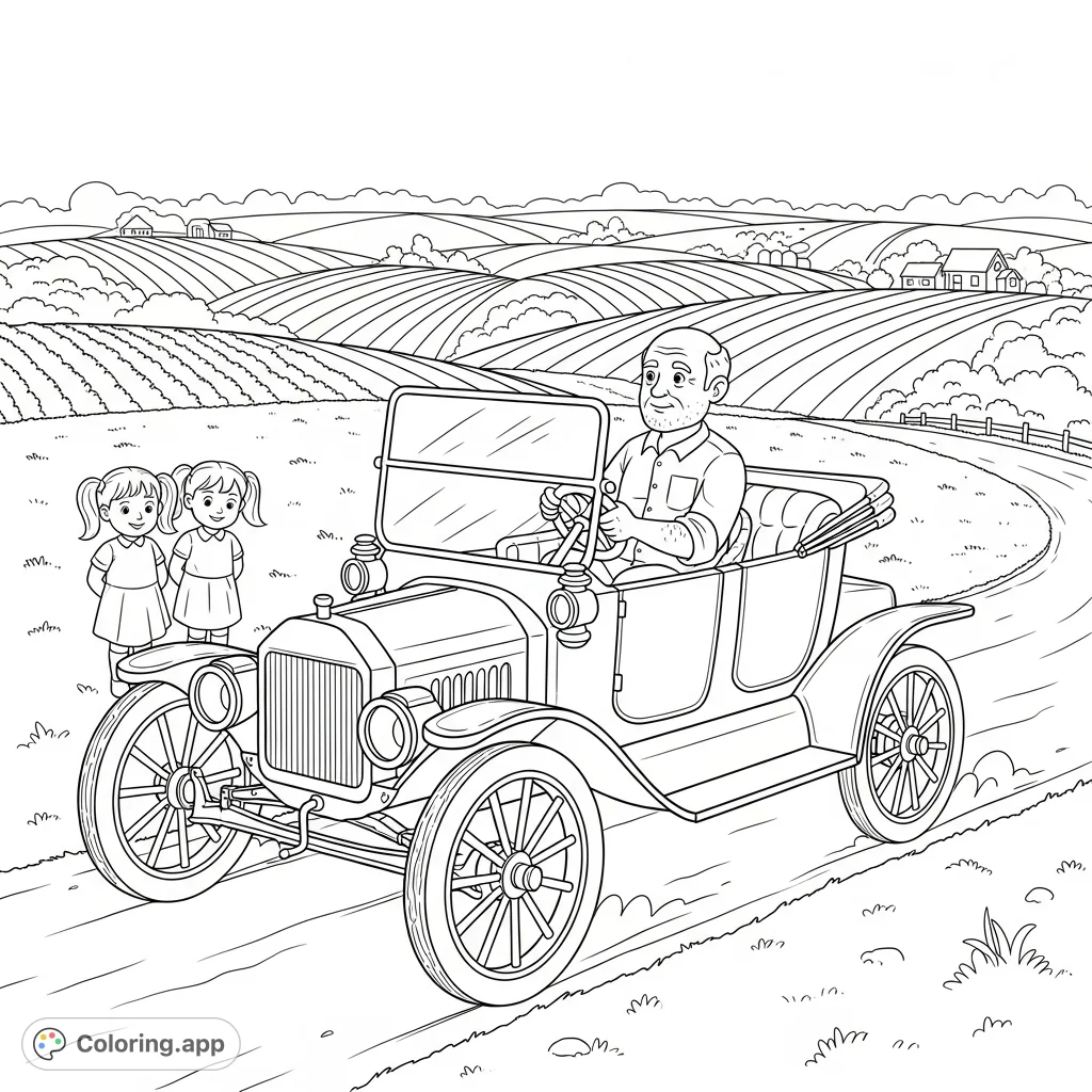 An older man drives a classic Model T through farmlands, while two young twin girls watch him depart. A nostalgic scene perfect for a vintage car coloring page.