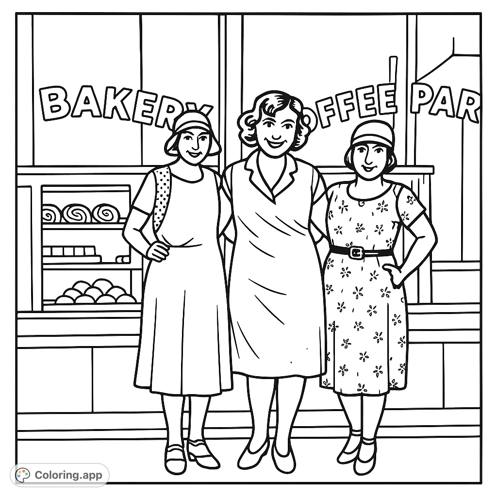 Step back in time with this charming vintage bakery scene featuring three stylish women from the 1920s. A delightful cartoony coloring page.