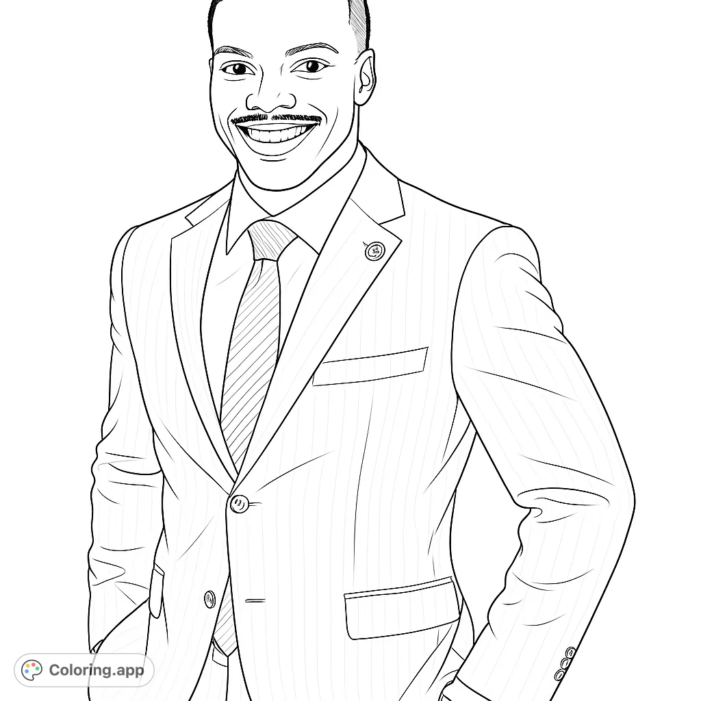 Color a distinguished man in a sharp suit and tie, perfect for practicing shading and adding personal flair to professional attire.