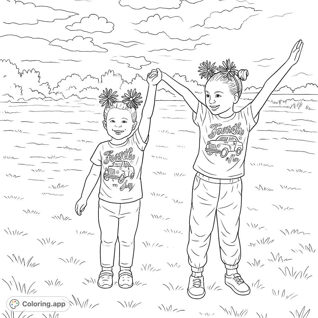 Two joyful girls with festive headbands, holding hands and raising their arms in a wide-open field under a cloudy sky. A delightful scene for coloring.
