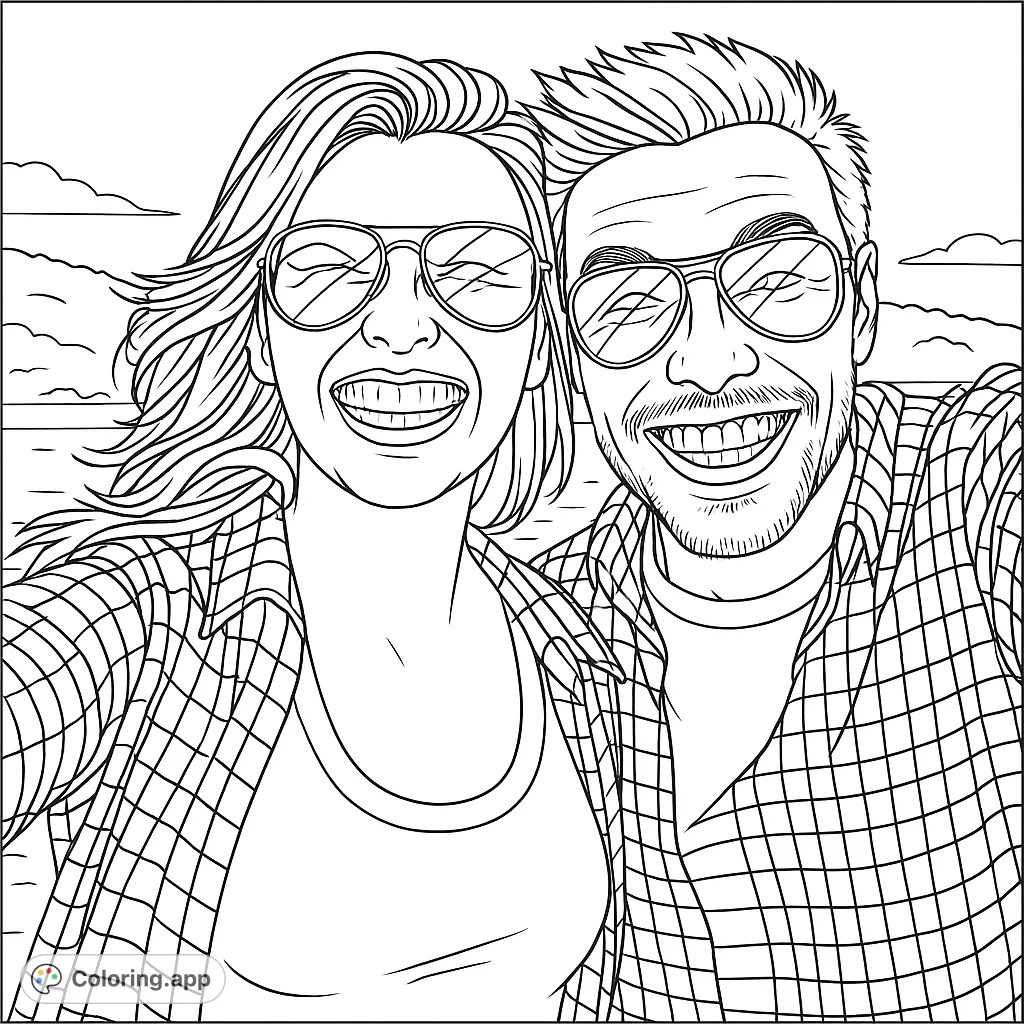 A cheerful couple captures a happy moment outdoors, perfect for a fun and expressive coloring experience. Download this free printable coloring page!