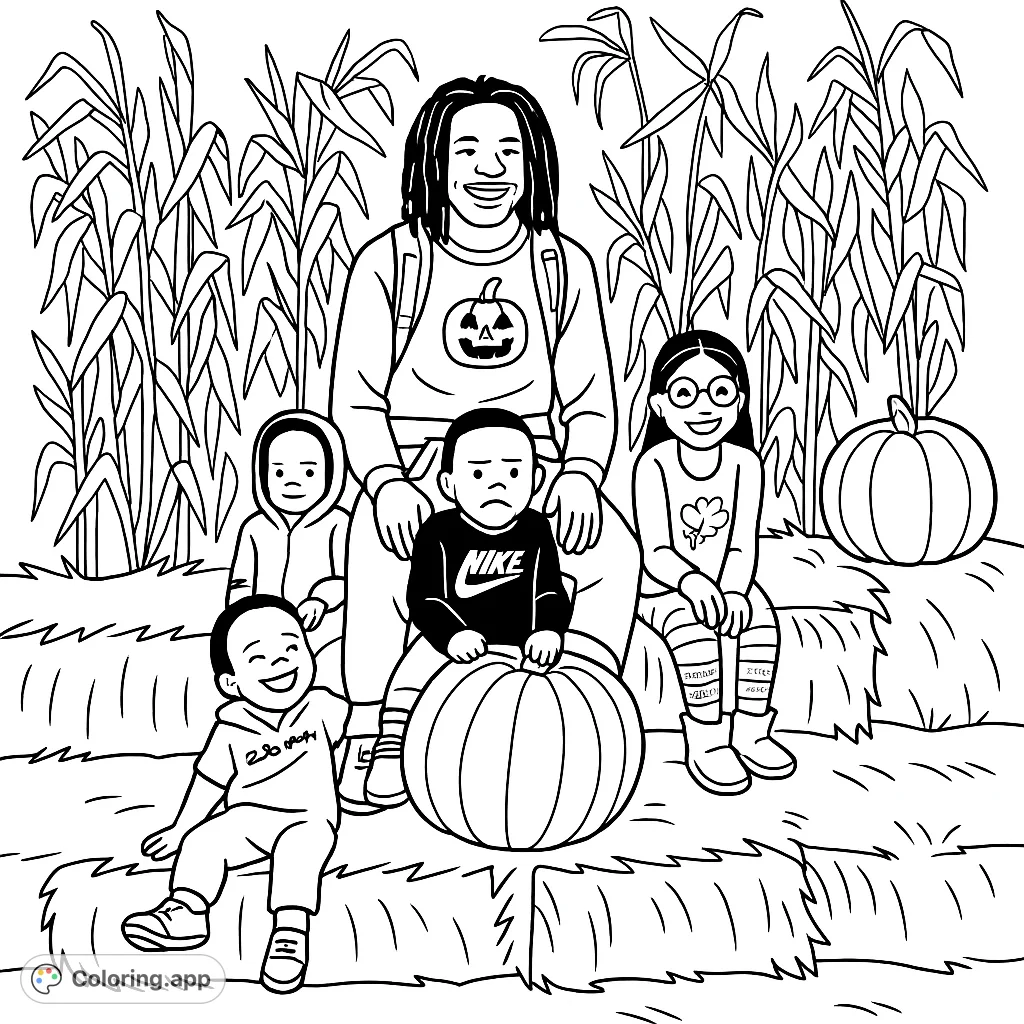 A heartwarming family scene at a pumpkin patch, perfect for autumn coloring fun. Features a man and four children among hay bales and pumpkins.