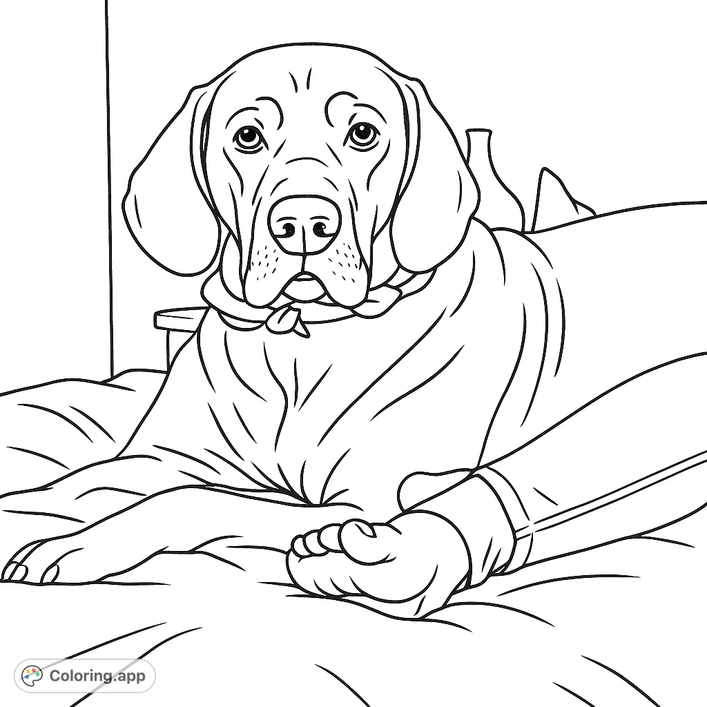 A heartwarming free printable dog coloring page featuring a loyal canine companion resting peacefully on a bed, perfect for pet lovers.