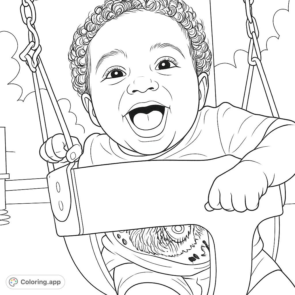 Capture pure joy with this happy baby in a swing coloring page. Perfect for kids and adults, featuring a delightful smile and playful scene.