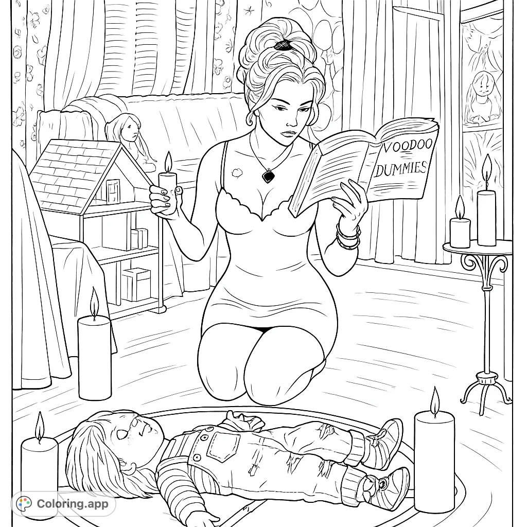 An intense scene featuring a woman performing a ritual over a doll, surrounded by candles and mystical symbols. A challenging horror-themed coloring page for adults.