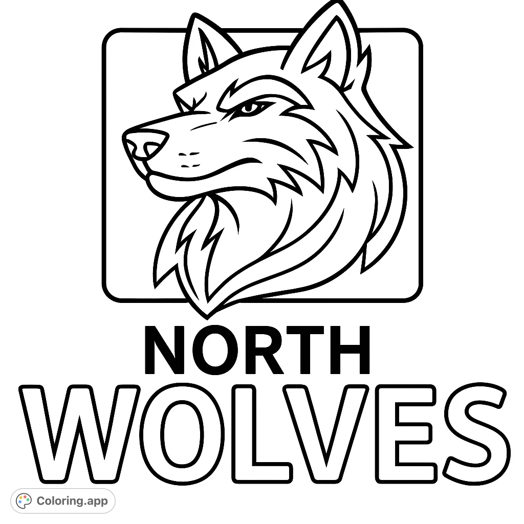 Color a powerful wolf mascot emblem with bold lines and text. Perfect for school spirit or animal lovers.