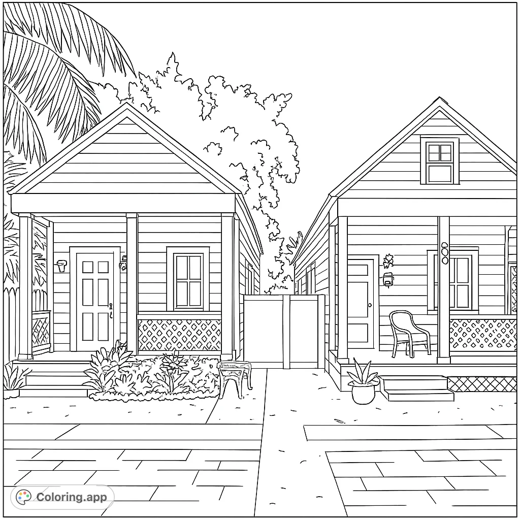 Color a delightful scene featuring two charming coastal cottages with inviting porches, surrounded by lush tropical foliage and a clear sky.