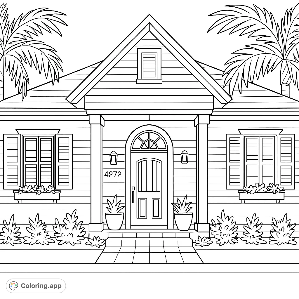 A delightful house with shutters, flower boxes, and palm trees, perfect for a relaxing coloring session.