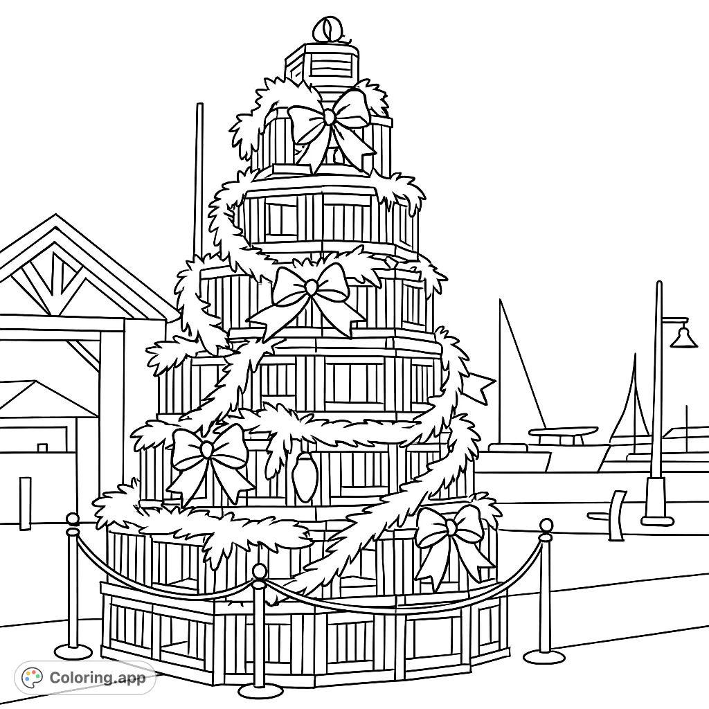 A unique Christmas tree crafted from lobster traps, adorned with garlands and bows, set against a coastal backdrop. Perfect for holiday coloring fun!