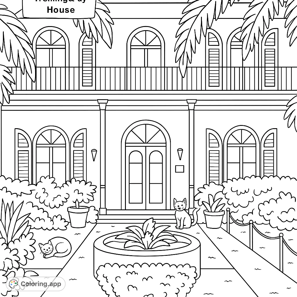 Explore the iconic Hemingway House, featuring grand architecture, lush gardens, and playful cats. A detailed scene perfect for history and animal lovers.