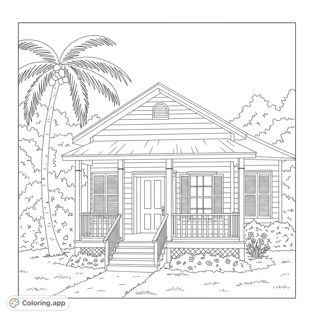 Color a classic Key West house with a welcoming porch, shuttered windows, and tall palm trees. A charming tropical scene for creative fun!