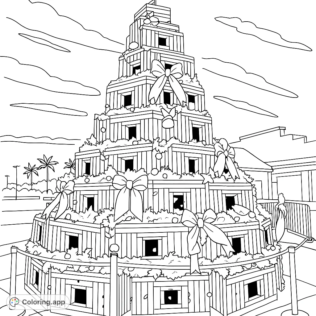 A unique tiered Christmas tree made from lobster traps, adorned with garlands, bows, and ornaments, topped with a crustacean. A festive coastal scene.