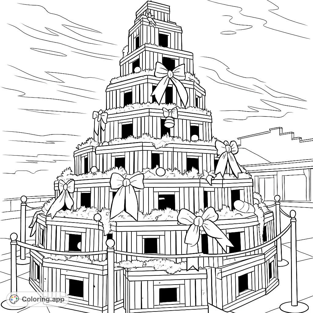 A unique tiered Christmas tree made from lobster traps, adorned with garlands, bows, and ornaments, topped with a crustacean. A festive coastal scene.