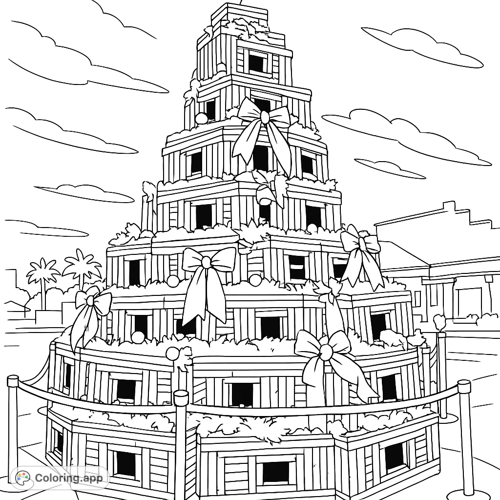 A unique tiered Christmas tree made from lobster traps, adorned with garlands, bows, and ornaments, topped with a crustacean. A festive coastal scene.